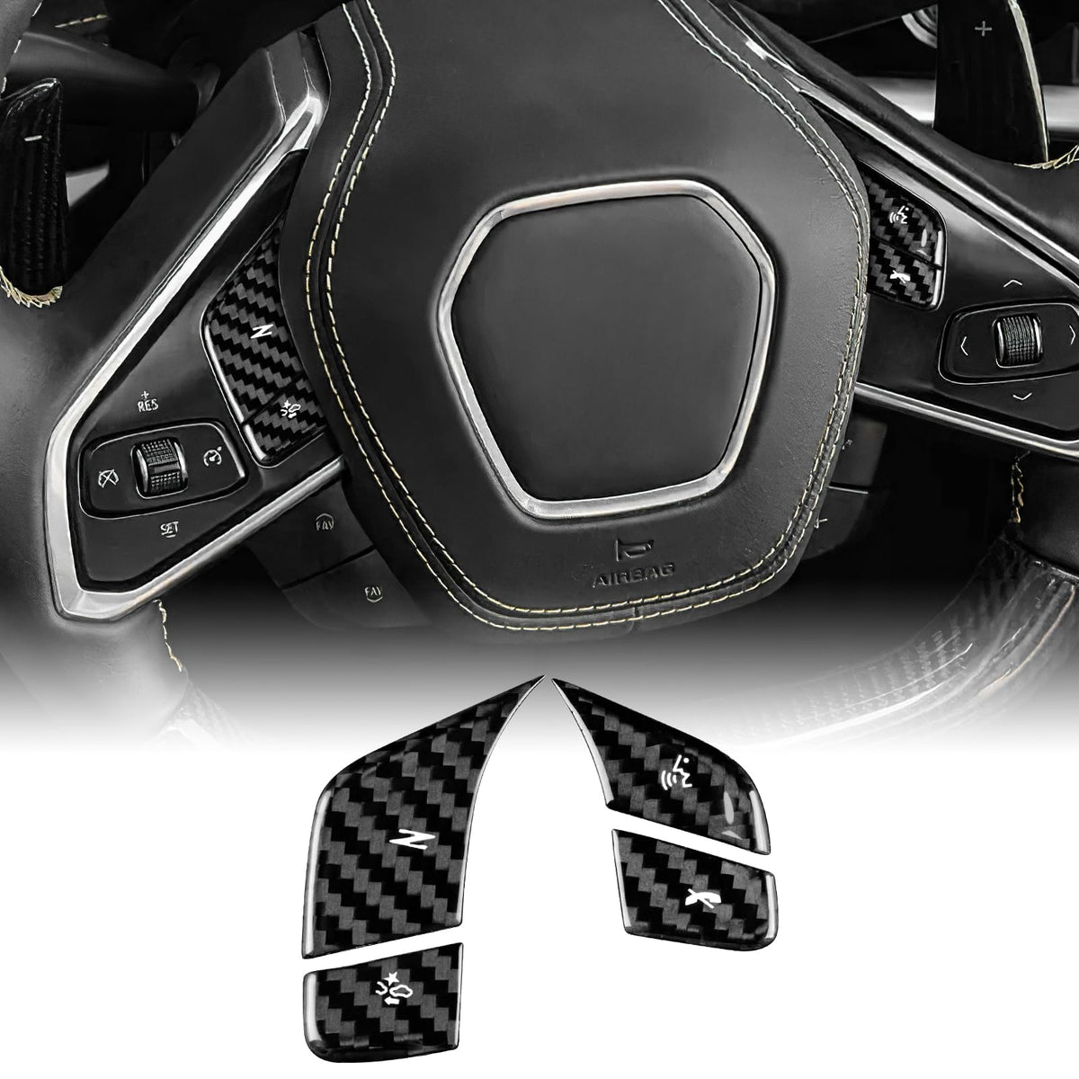AIRSPEED for Chevrolet Corvette C8 2024 2025 Accessories Carbon Fibre Interior Trim Car Steering Wheel Voice Control Buttons Cover Decoration Self-Adhesive Decal Cool Auto Parts RHD
