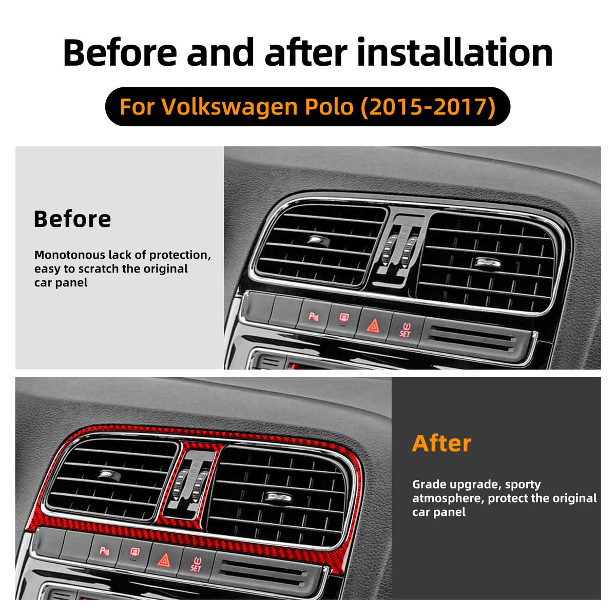 Carbon Fiber Center Air Outlet Frame Sticker Red for Volkswagen Polo 2015-2017（U.S. Stock）