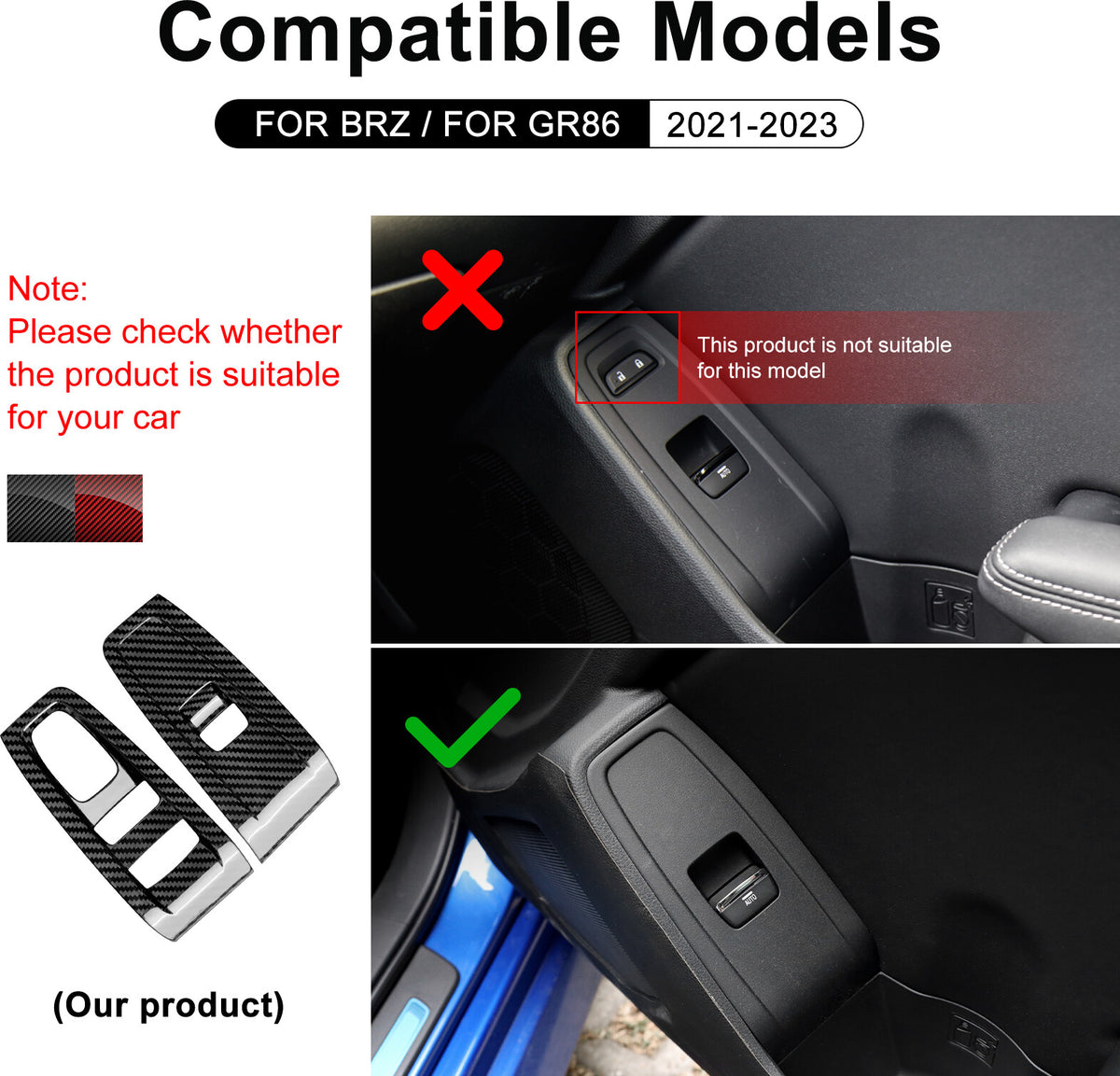 Red Window Control Button Cover HARD Carbon Fiber For Subaru BRZ GR86 2021-2023 - detail view 3