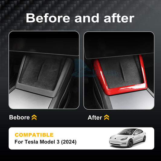 REAL HARD Carbon Fiber For Tesla Model 3 2024 RED Wireless Charging Frame Cover - detail view