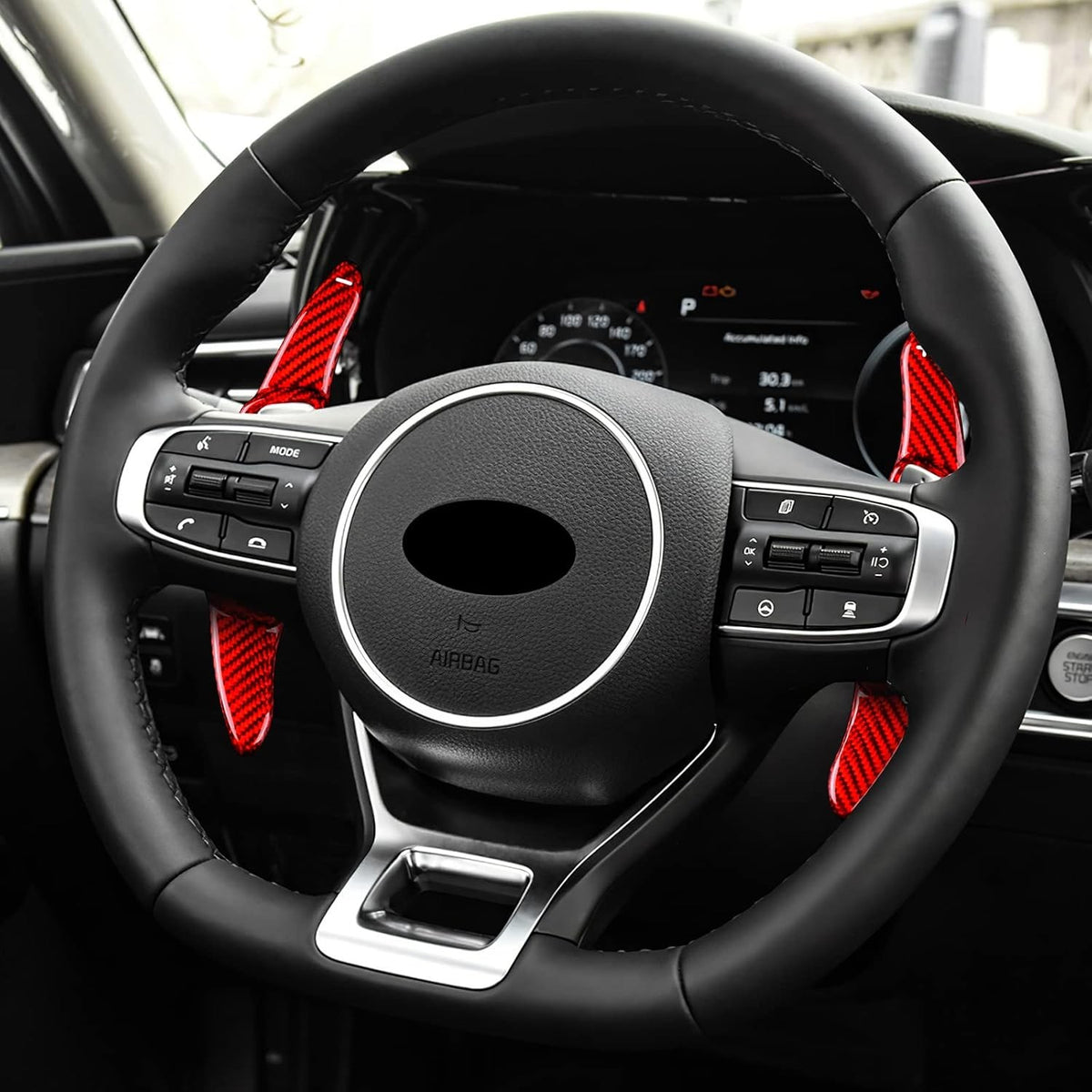 For Kia K5 2020-25 Real Carbon Fiber Red Steering Wheel Paddle Shifter Extension - detail view 7