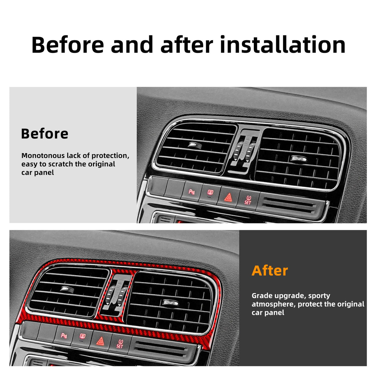 Carbon Fiber Center Air Outlet Frame Sticker Red for Volkswagen Polo 2015-2017（U.S. Stock）