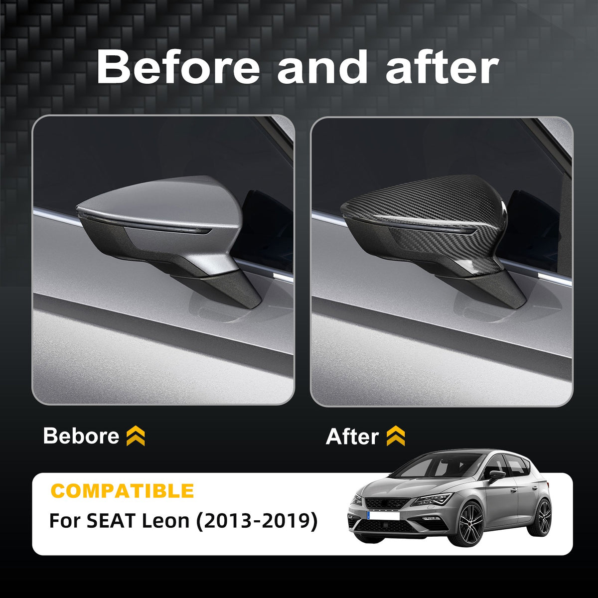 For SEAT Leon 2013-2019 Car Rear View Mirror Cover Decor Trim Black Carbon Fiber - detail view 3