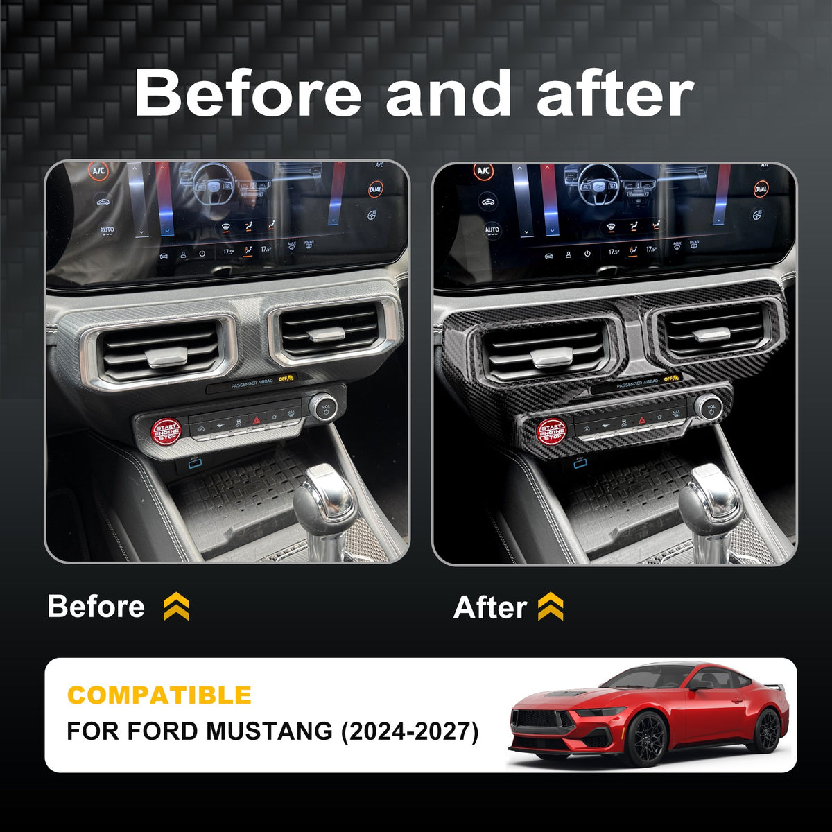 HARD Carbon Fiber Car Center Console Frame Cover Trim for Ford Mustang 2024-2027 - detail view 3