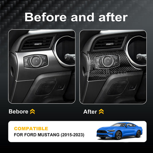 Black Dim Light Switch Cover REAL HARD Carbon Fiber For Ford Mustang 2015-2023 - detail view
