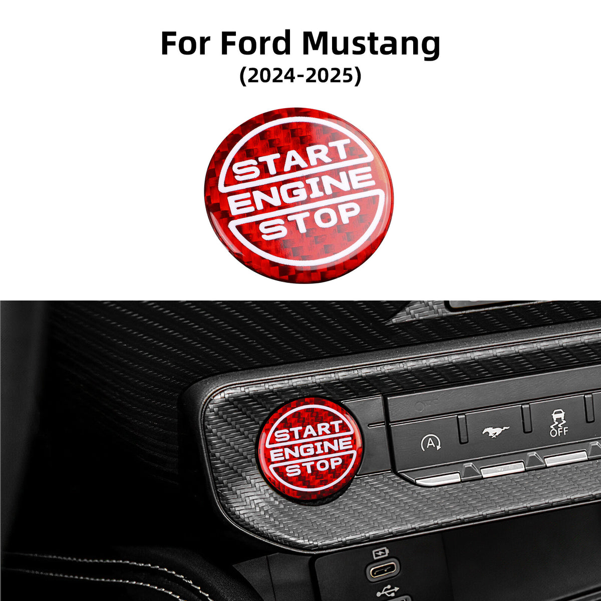 For Ford Mustang 24-25 Red Real Carbon Fiber Engine Start Push Button Cover Trim - product view