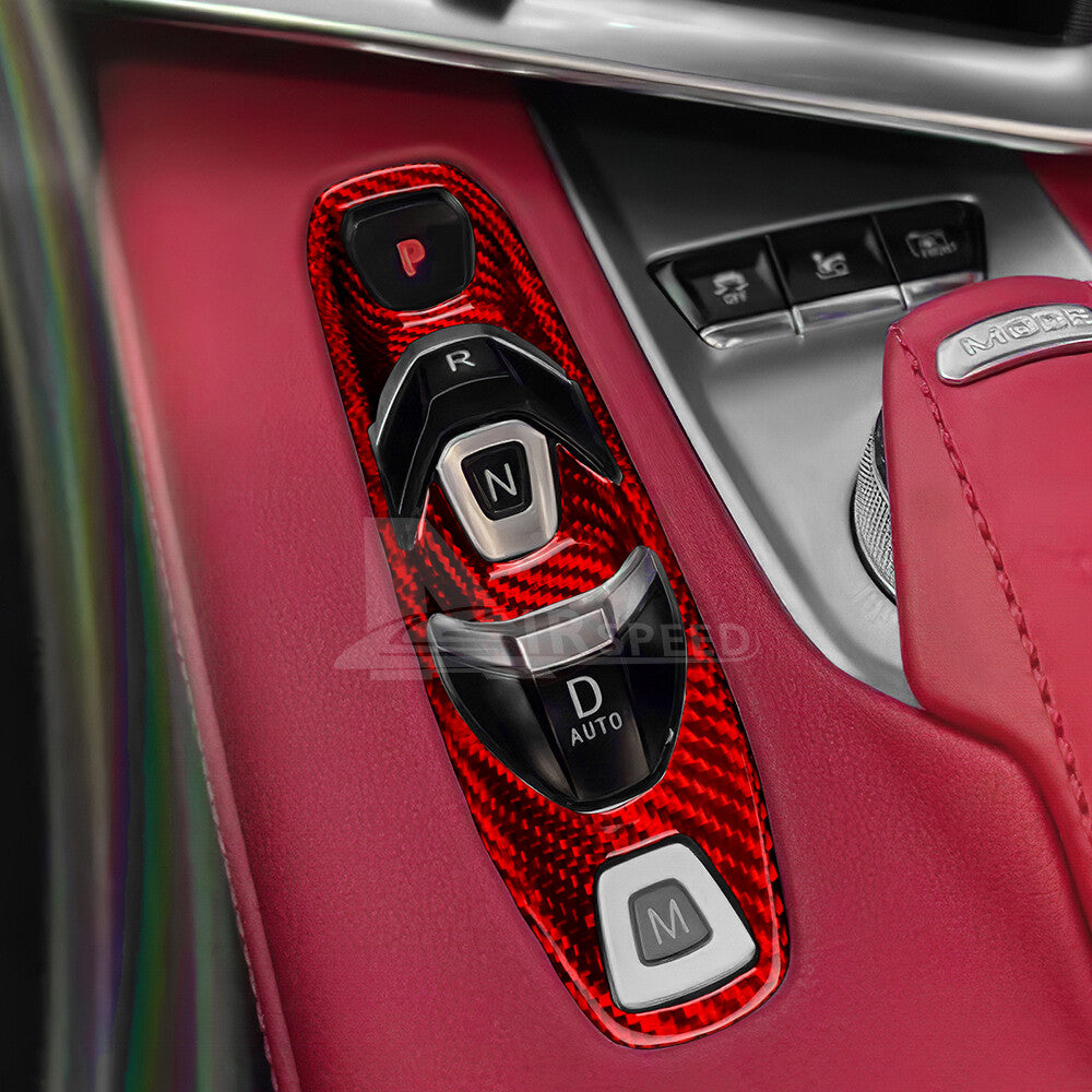 REAL HARD For Corvette C8 20-23 Carbon Fiber Red Gear Shifter Frame Panel Cover
