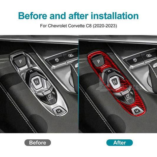 REAL HARD For Corvette C8 20-23 Carbon Fiber Red Gear Shifter Frame Panel Cover