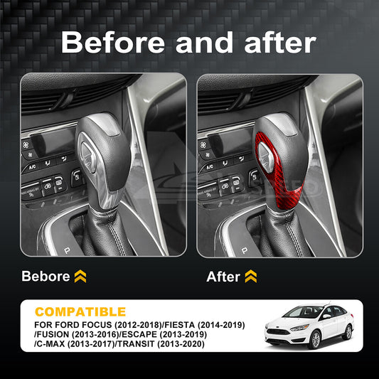 For Ford Focus 2012-2018 Red Real Hard Carbon Fiber Inner Gear Shift Knob Cover - detail view