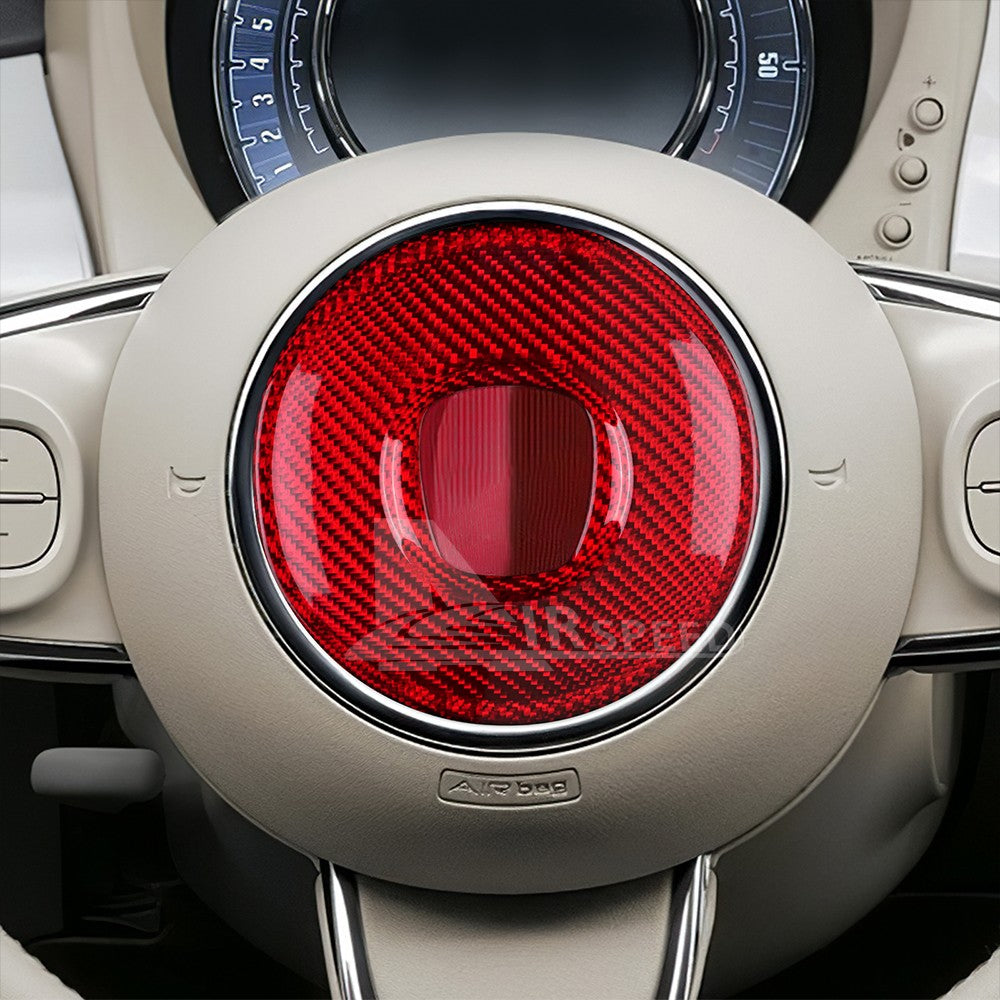 Steering Wheel Panel Cover For Fiat 500 2008-2023 RED REAL HARD Carbon Fiber - detail view 5