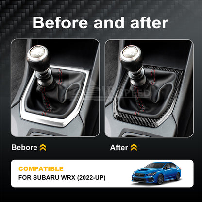 Black Gear Shifter Panel Cover REAL HARD Carbon Fiber For Subaru WRX 2022-2023 - detail view