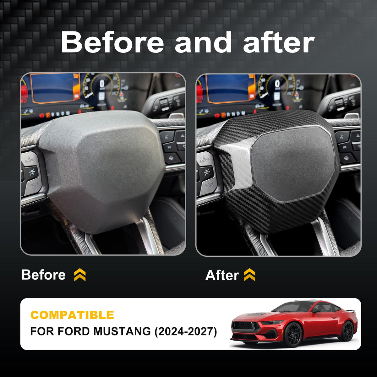 AIRSPEED Hard Carbon Fiber Steering Wheel Panel Trim for 2024-2027 Ford Mustang (Black) - detail view