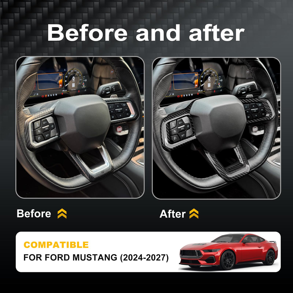AIRSPEED Hard Carbon Fiber Steering Wheel Lower Spoke Trim for 2024-2027 Ford Mustang - detail view