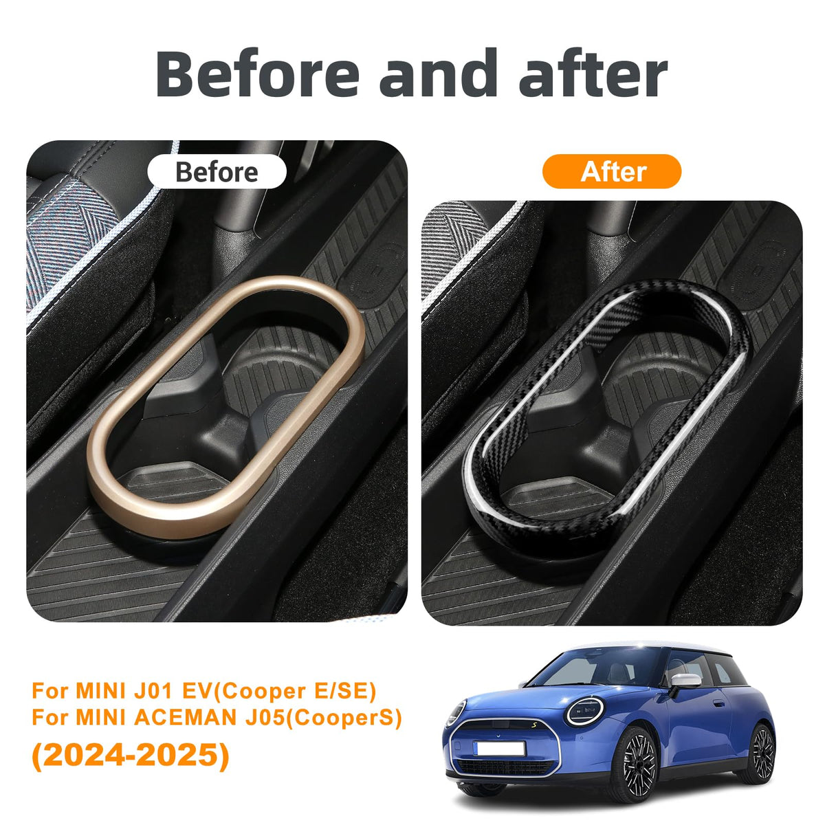 AIRSPEED Carbon Fiber Center Console Cup Holder Frame Cover for MINI J05 Aceman & J01 EV (2024-2025, RHD) - detail view 3