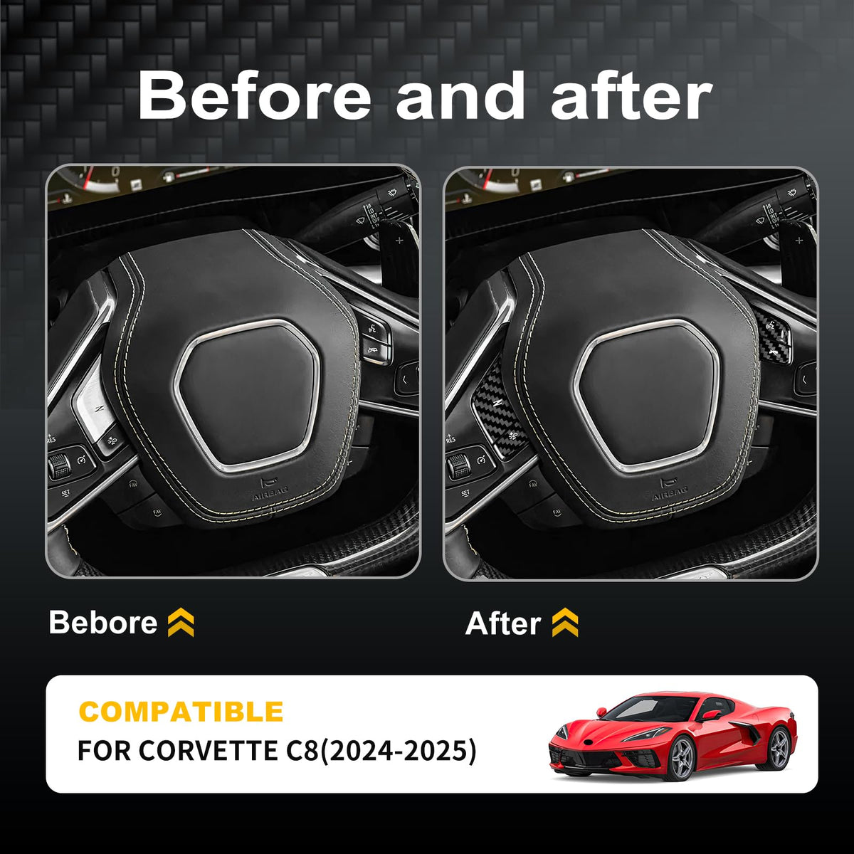 AIRSPEED for Chevrolet Corvette C8 2024 2025 Accessories Carbon Fibre Interior Trim Car Steering Wheel Voice Control Buttons Cover Decoration Self-Adhesive Decal Cool Auto Parts RHD