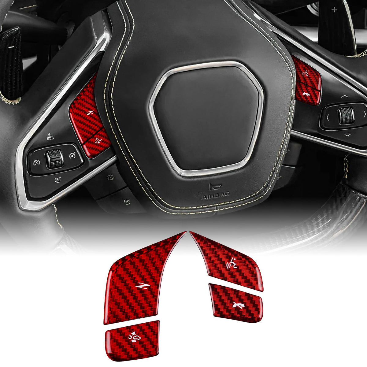 AIRSPEED for Chevrolet Corvette C8 2024 2025 Accessories Carbon Fibre Interior Trim Car Steering Wheel Voice Control Buttons Cover Decoration Self-Adhesive Decal Cool Auto Parts RHD