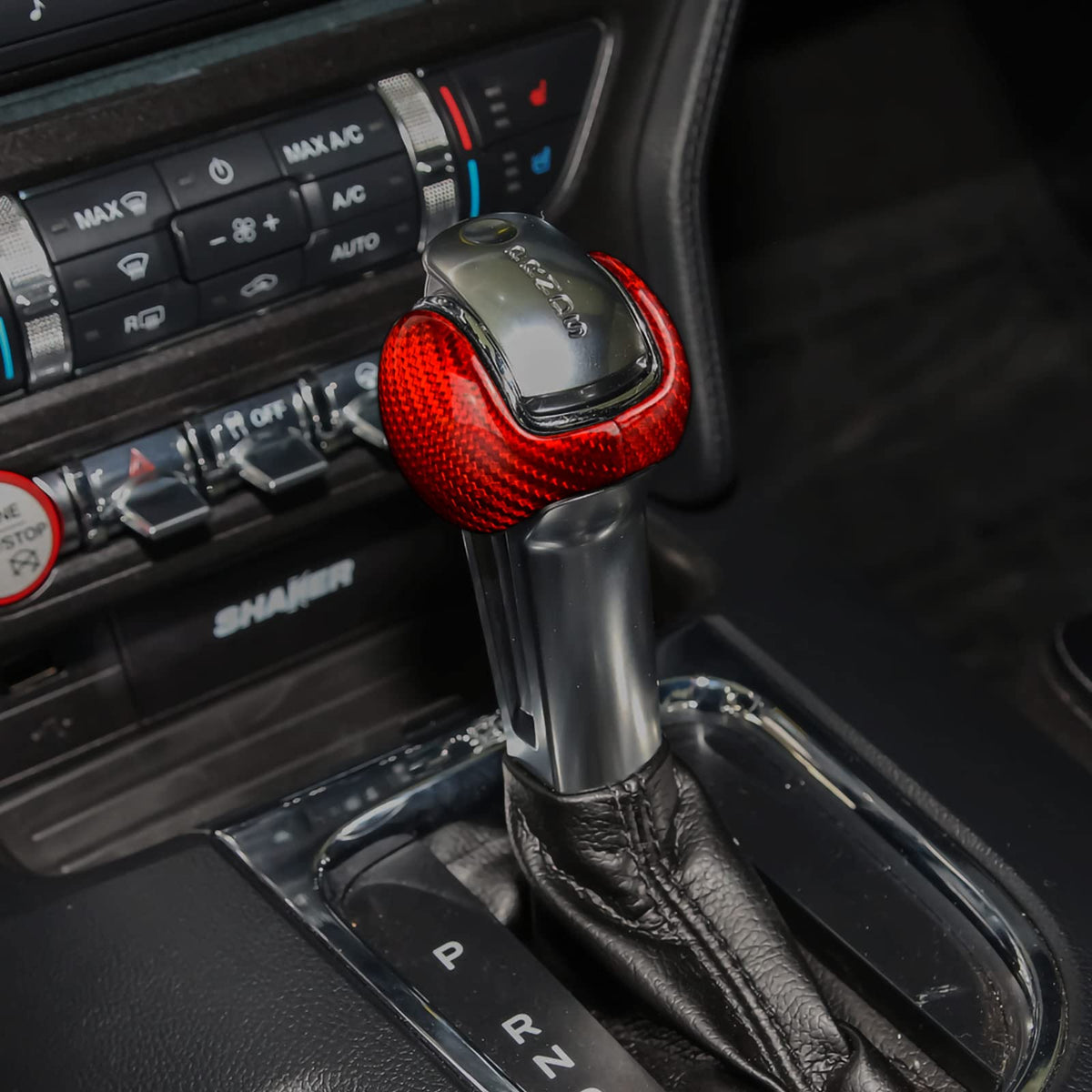 AIRSPEED Carbon Fiber Gear Shift Knob Cover and Interior Trim for 2015-2020 Ford Mustang (Red) - detail view 5