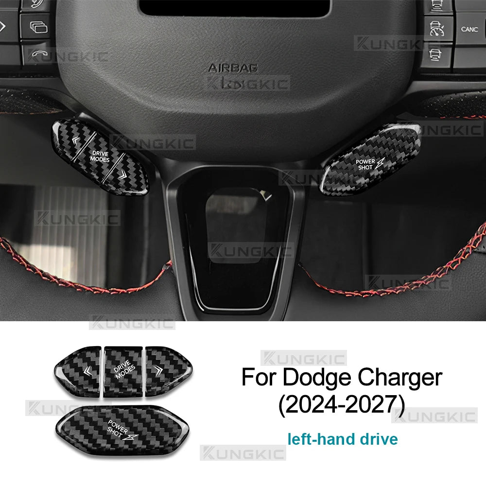 Fiber Steering Wheel Button Sticker For Dodge Charger 2024 2025 2026 2027 LHD RHD Car Real Dry Hard Carbon Interior Accessories