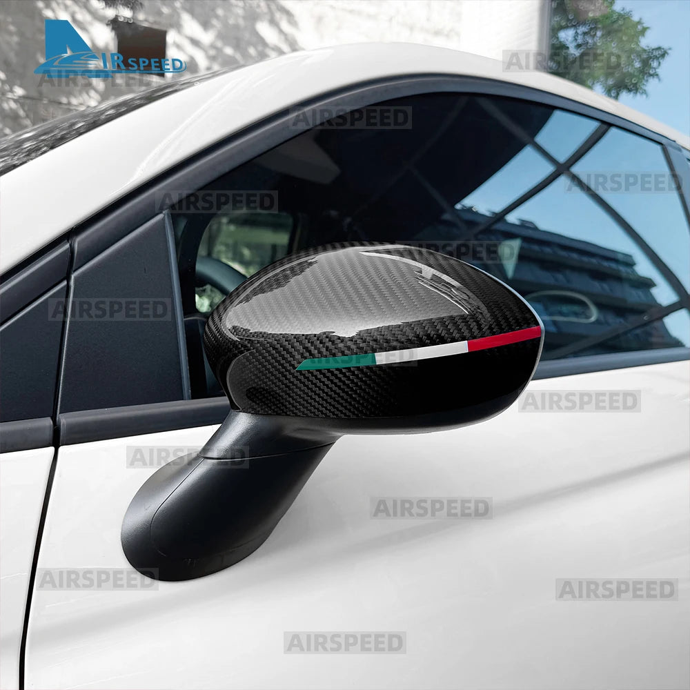 Real Hard Dry Carbon Fiber Cover For Abarth 595 695 595C 695C 2012-2024 Fiat 500 2008-2024 Car Rearview Mirror Cap With Tricolor - detail view 3