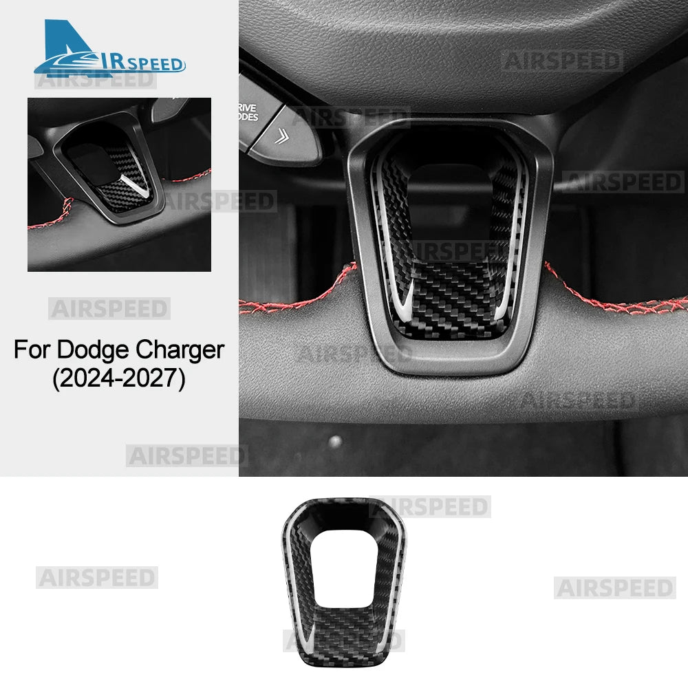 Real Hard Dry Carbon Fiber Material Sticker For Dodge Charger 2024 2025 2026 2027 Steering Wheel Chin Decoration Car Accessories