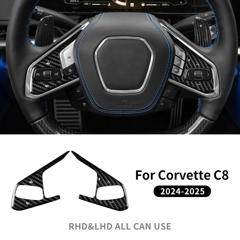 Real Hard Carbon Fiber For Chevrolet Corvette C8 2024 2025 Car Steering Wheel Button Cover Dry Carbon Interior Accessories Trim