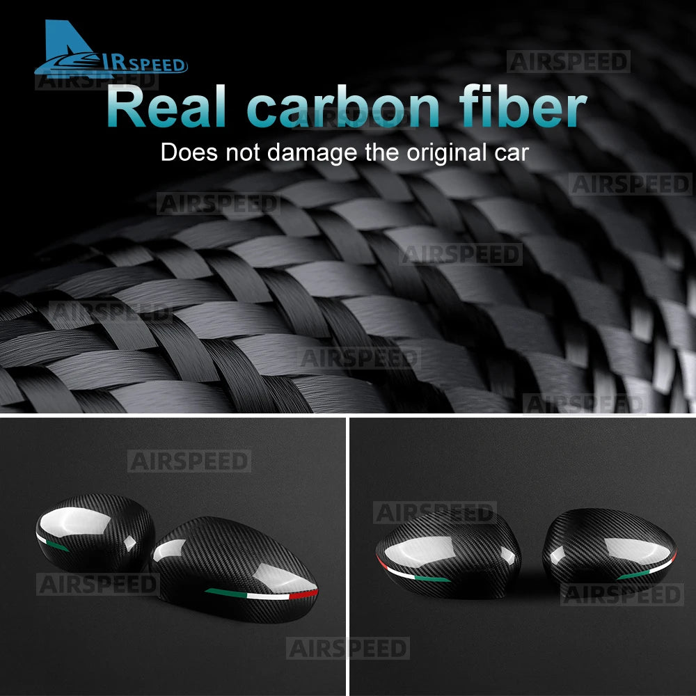 Real Hard Dry Carbon Fiber Cover For Abarth 595 695 595C 695C 2012-2024 Fiat 500 2008-2024 Car Rearview Mirror Cap With Tricolor - detail view 5