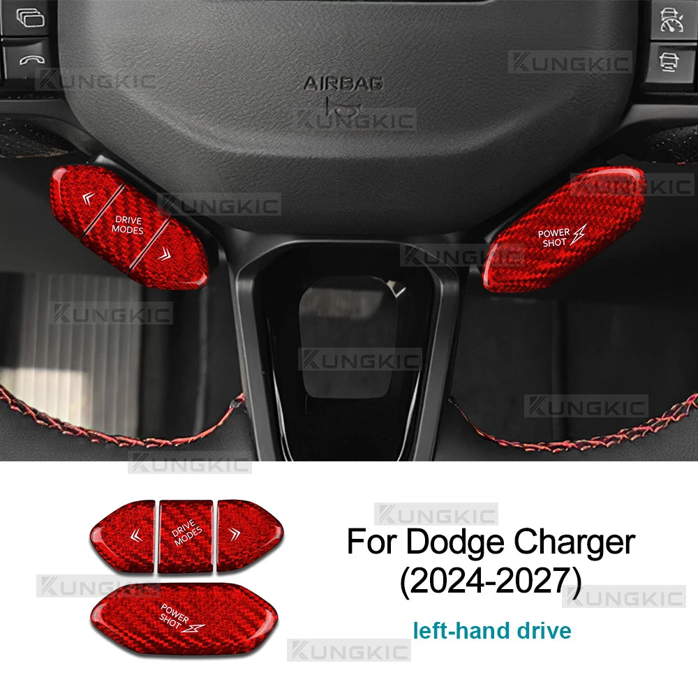 Fiber Steering Wheel Button Sticker For Dodge Charger 2024 2025 2026 2027 LHD RHD Car Real Dry Hard Carbon Interior Accessories