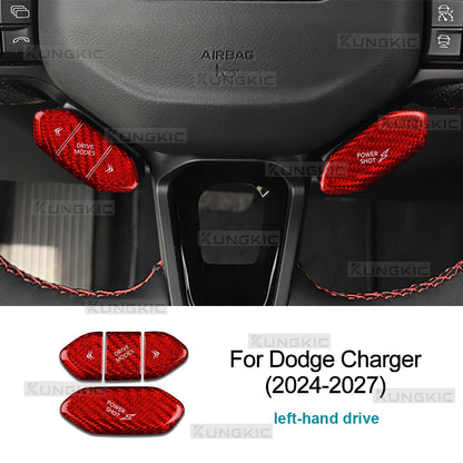 Fiber Steering Wheel Button Sticker For Dodge Charger 2024 2025 2026 2027 LHD RHD Car Real Dry Hard Carbon Interior Accessories