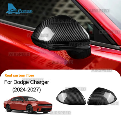 Real Dry Hard Carbon Fiber Cover For Dodge Charger 2024 2025 2026 2027 Sticker Rearview Mirror LHD RHD Car Exterior Accessories