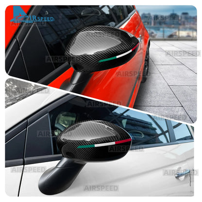Real Hard Dry Carbon Fiber Cover For Abarth 595 695 595C 695C 2012-2024 Fiat 500 2008-2024 Car Rearview Mirror Cap With Tricolor - detail view