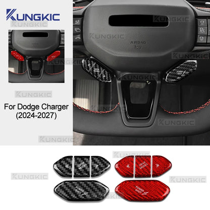 Fiber Steering Wheel Button Sticker For Dodge Charger 2024 2025 2026 2027 LHD RHD Car Real Dry Hard Carbon Interior Accessories
