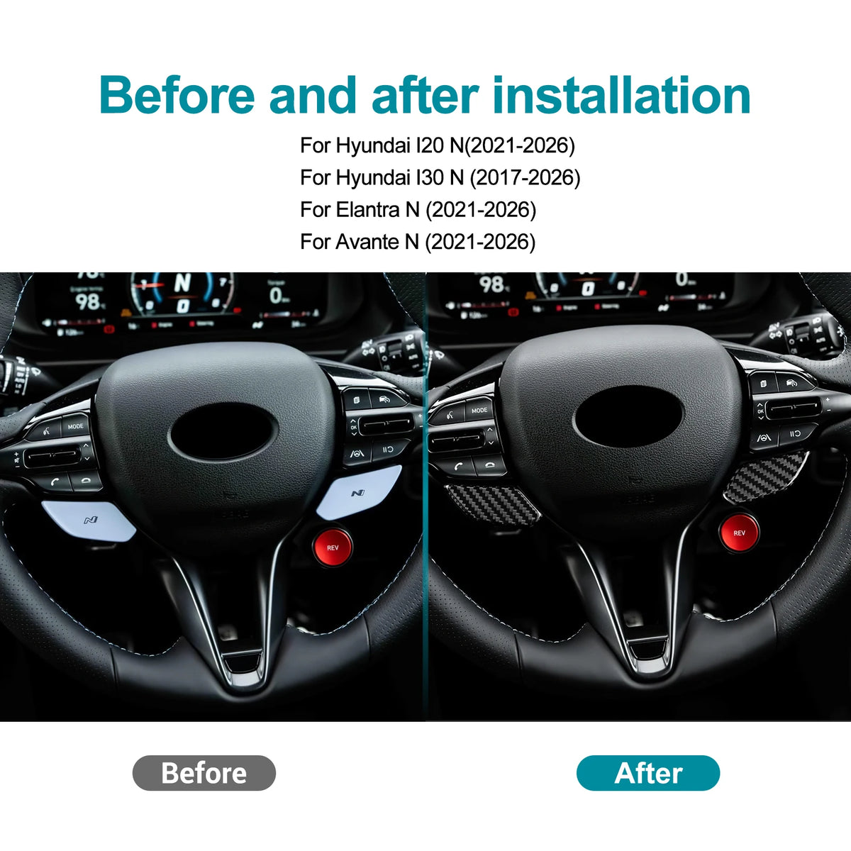 Real  Hard Dry Black Carbon Fiber Steering Wheel Sticker Hyundai i20 N/i30 N/Elantra N/Avante N 2021 2022 2023 2024 2025 2026
