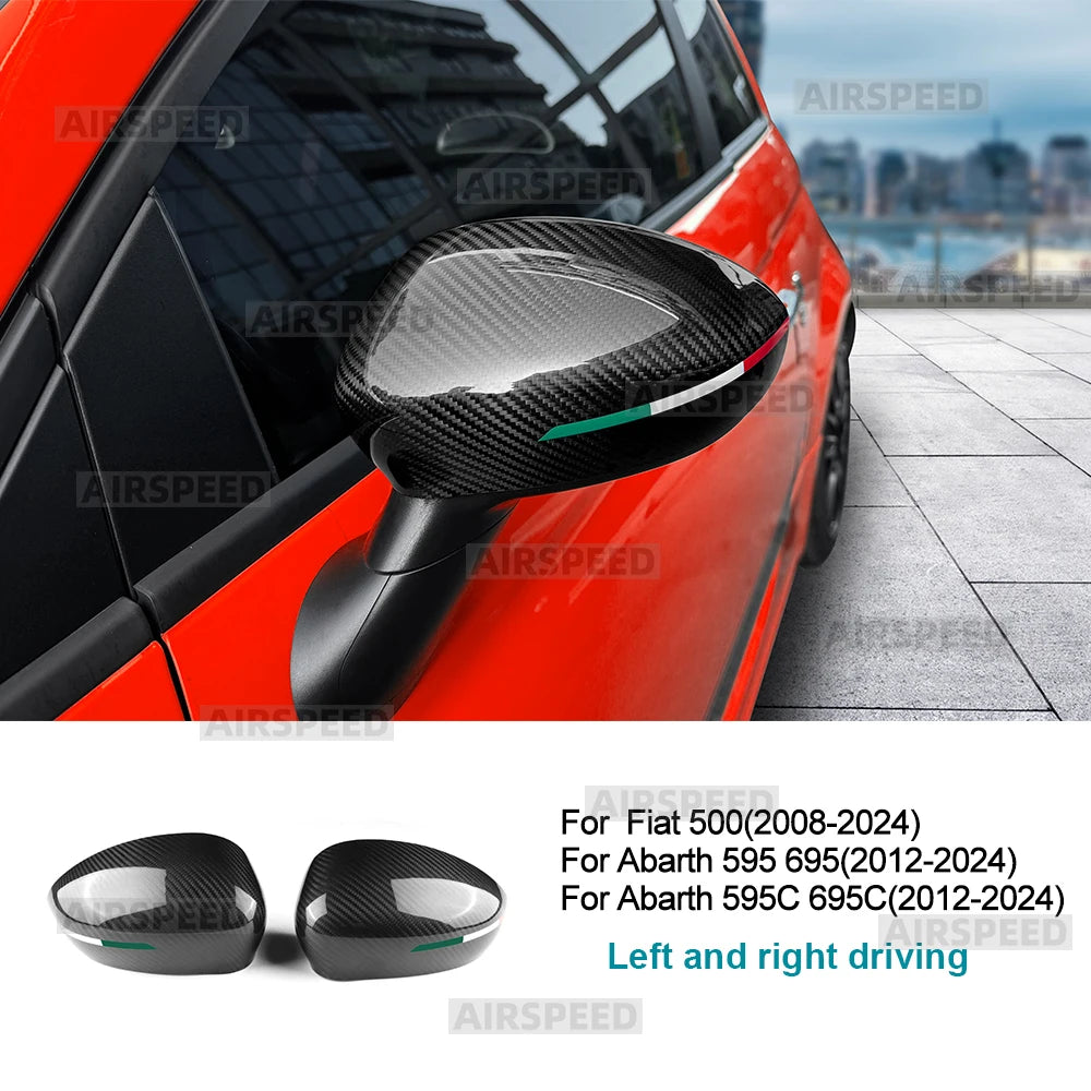 Real Hard Dry Carbon Fiber Cover For Abarth 595 695 595C 695C 2012-2024 Fiat 500 2008-2024 Car Rearview Mirror Cap With Tricolor - detail view 7