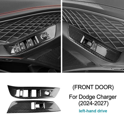 Trim For Dodge Charger 2024 2025 2026 2027 Car Front Door Window Switch Panel LHD Real Hard Dry Carbon Fiber Sticker Accessories