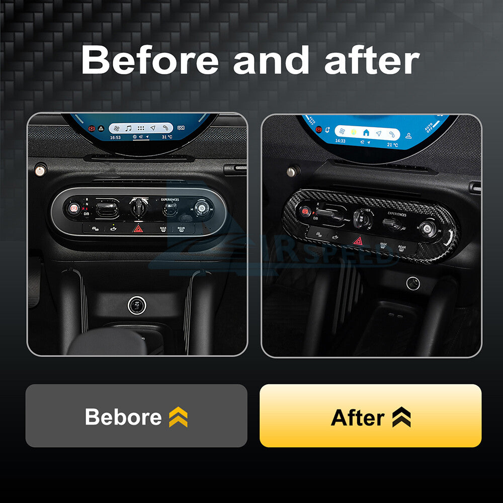 Black Dry Carbon Center Control Shift Button Trim MINI J01 J05 U25 F65 2024-25 - detail view