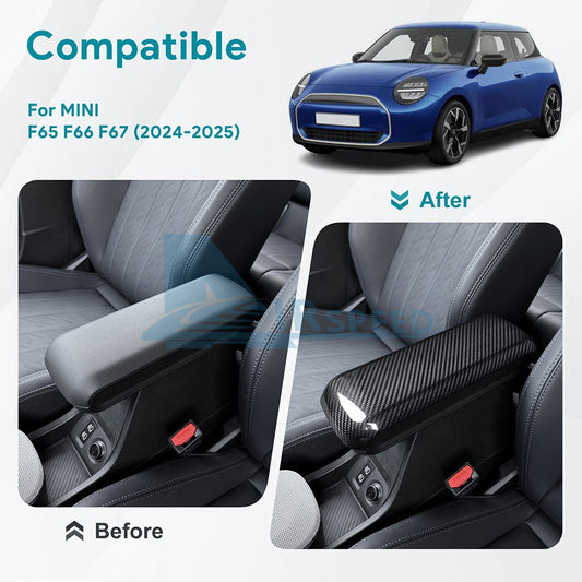 Black Hard Carbon Fiber Armrest Panel Cover Trim for MINI F65, F66 & F67 (2024-2025) - detail view